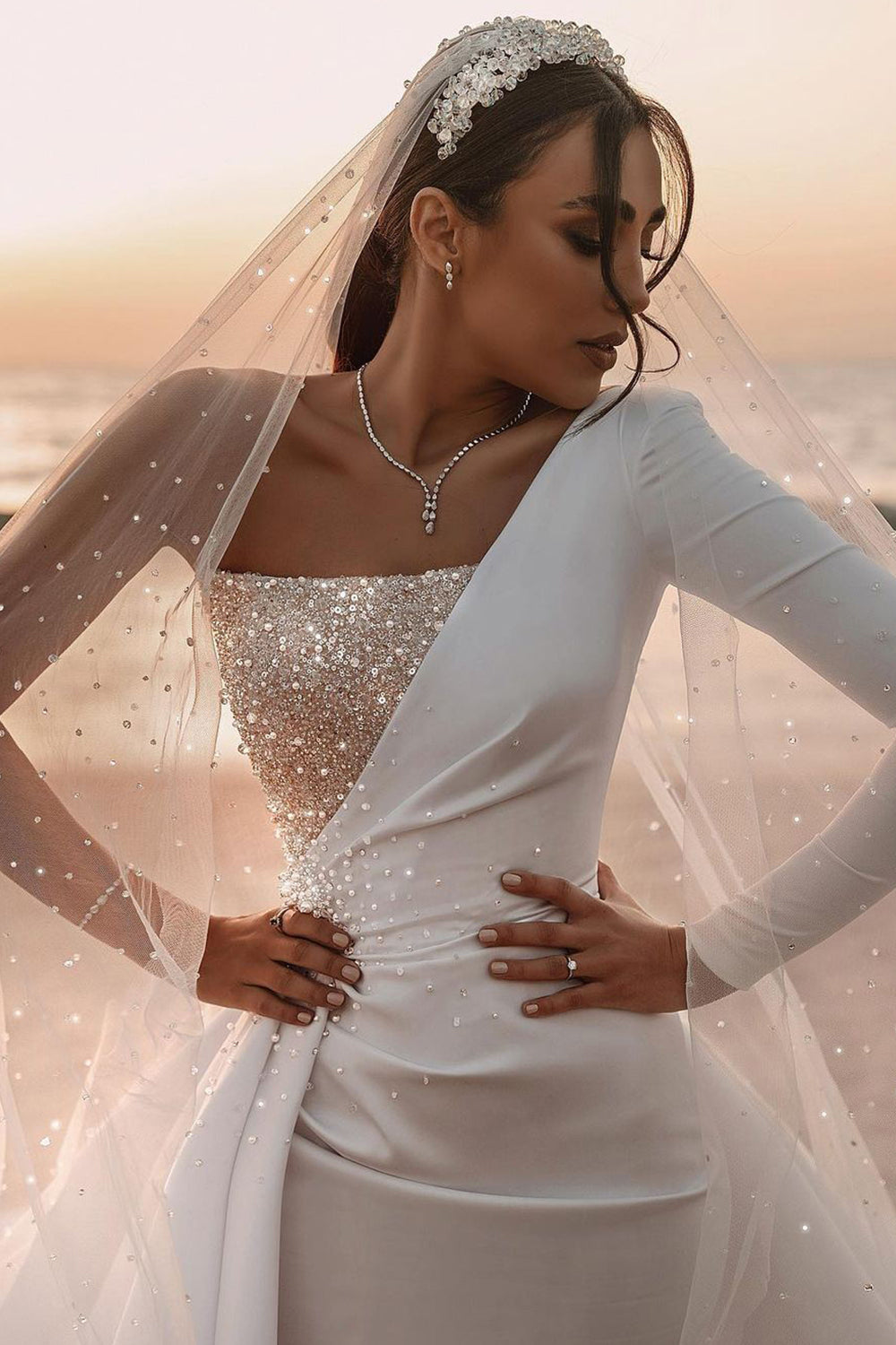 Charming One-Shoulder Long Sleeve A-Line Wedding Dress with Sequins BM bride