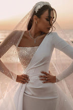 Charming One-Shoulder Long Sleeve A-Line Wedding Dress with Sequins BM bride