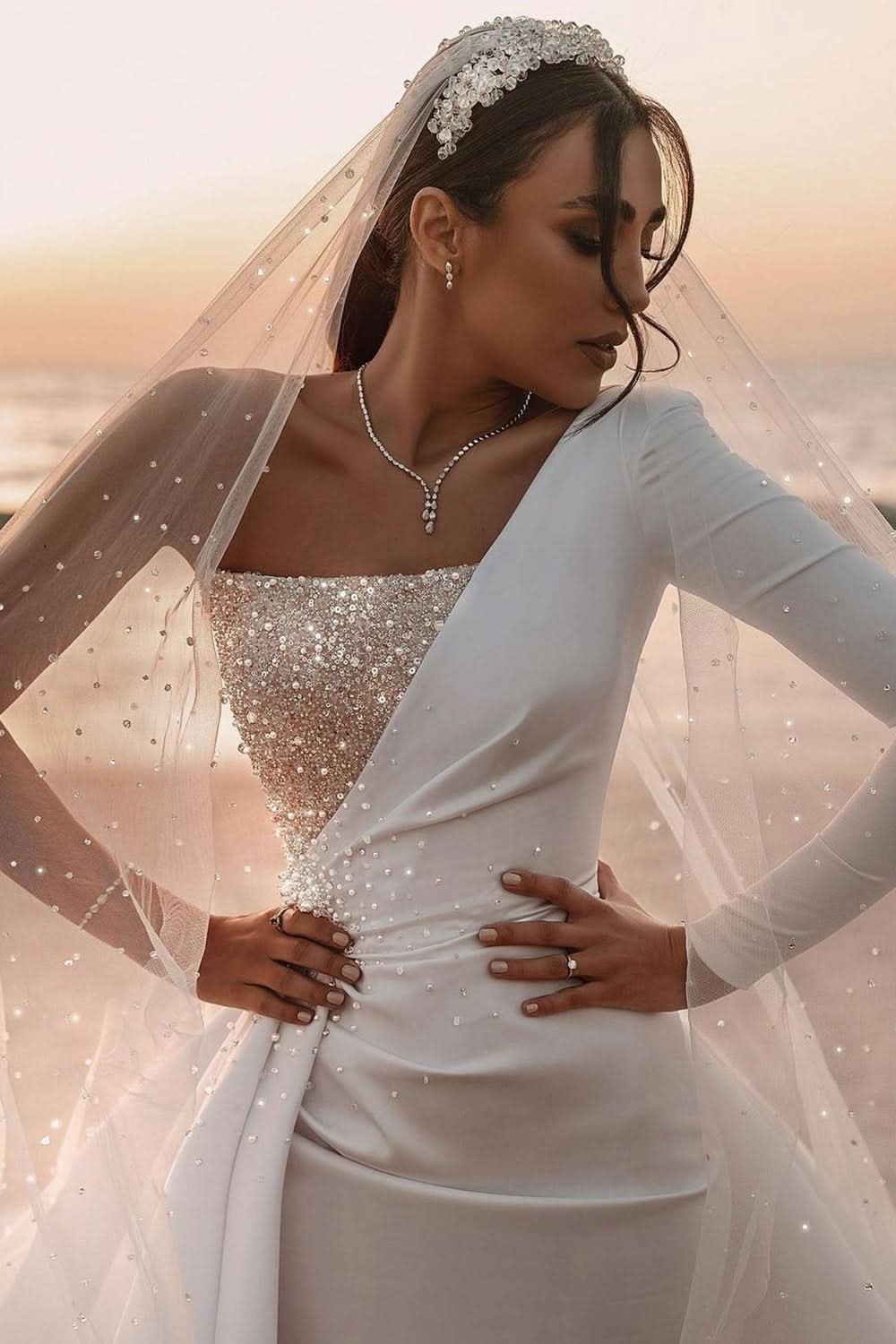Charming One-Shoulder Long Sleeve A-Line Wedding Dress with Sequins BM bride