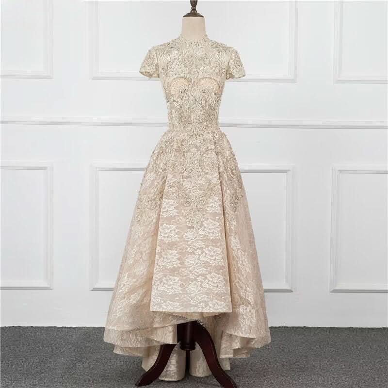 A-Line Sequin Appliques Prom Dress, Long Pleated with Short Sleeves BM bride