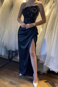 Beautiful Black Prom Dress Sequins Sleeveless Strapless With High Slit