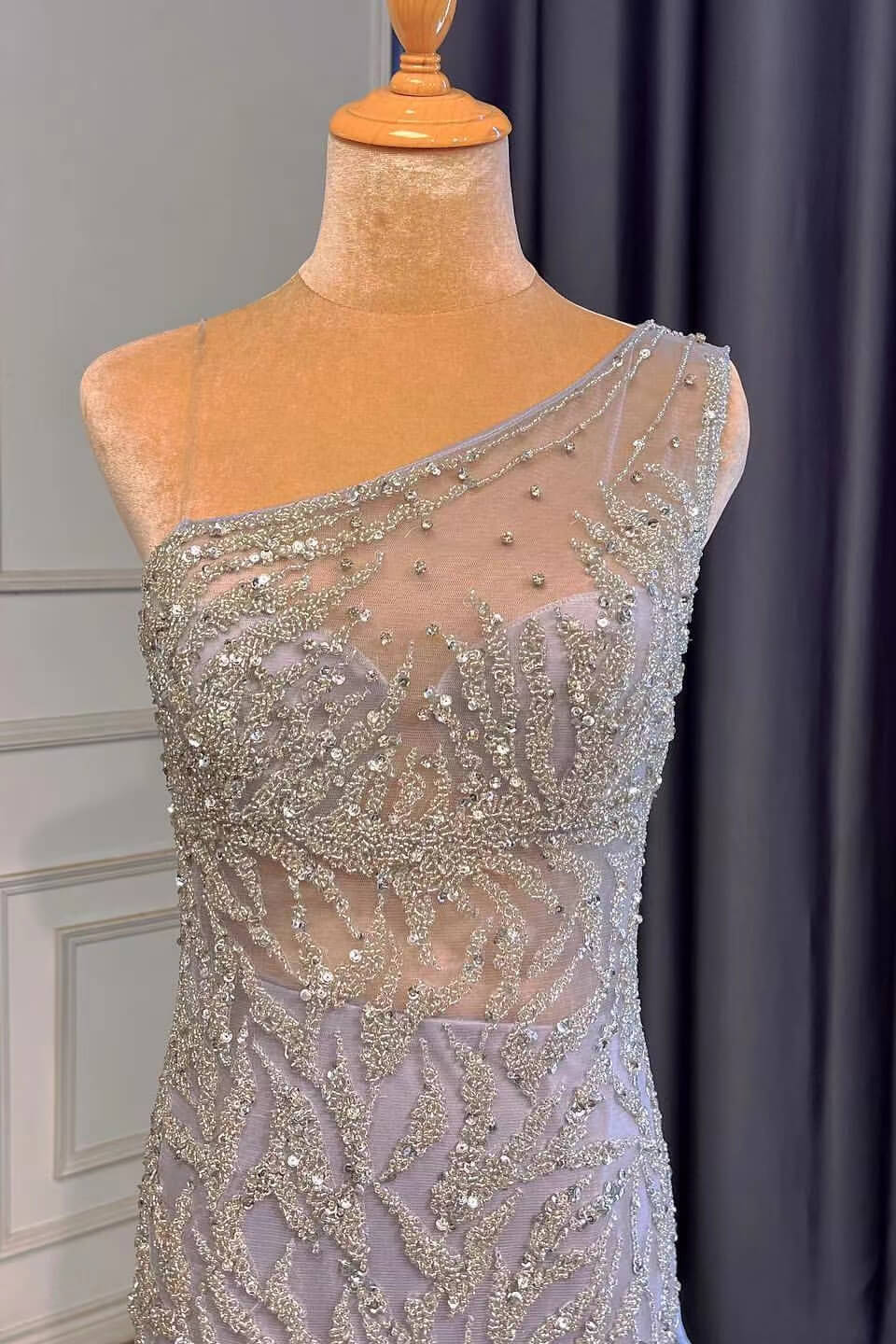Light Purple Front Split One-Shoulder Beaded Mermaid Prom Dress with Long Ruffles BM bride