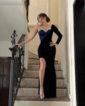 One Shoulder Long Sleeve Long Mermaid Split Prom Dress With Beading BMBRIDE