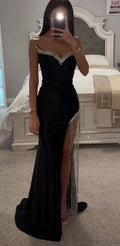 Black Sequin Prom Dress with Long Cowl Neck High Slit BM bride