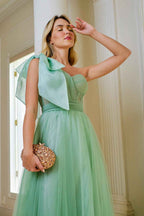 Sage Green One Shoulder Sweetheart Tulle Prom Dress With Split