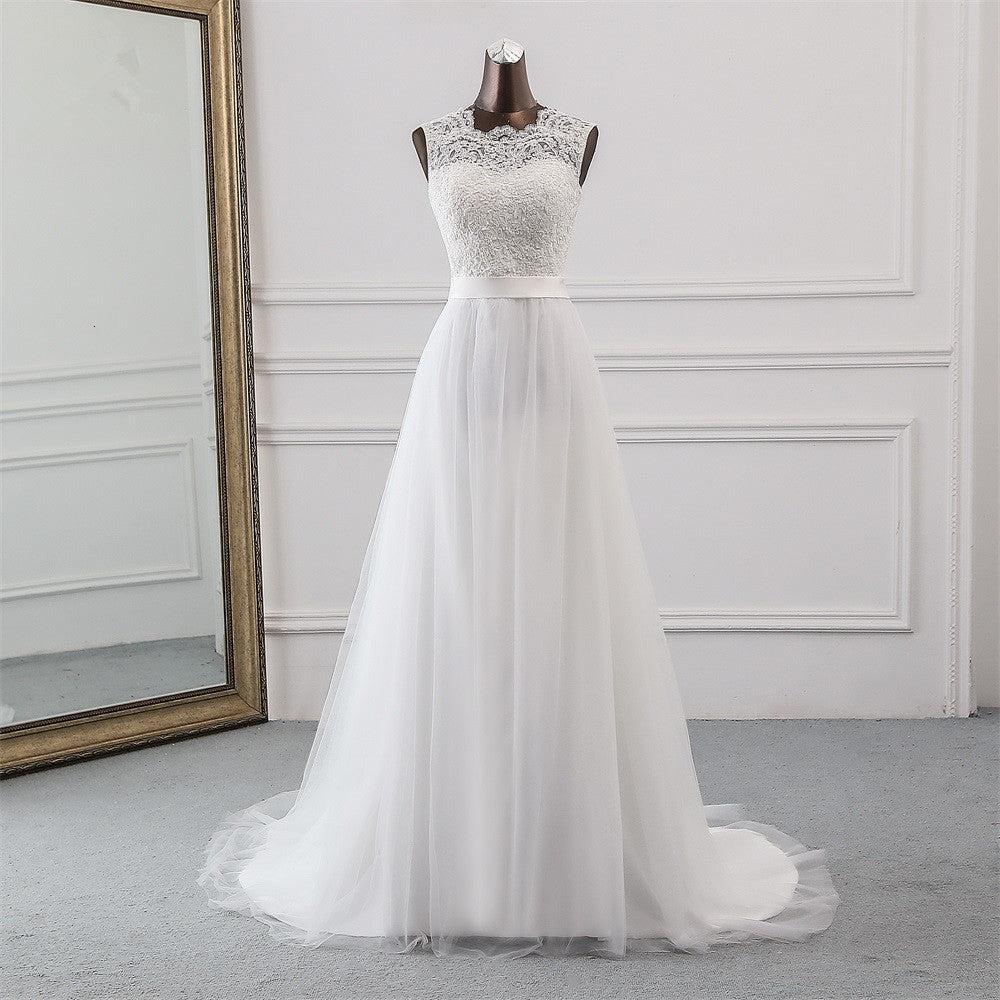 Jewel Neck A-Line Tulle Wedding Dress with Lace Appliques BM bride