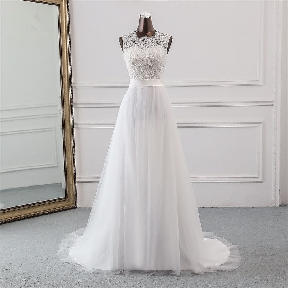 Jewel Neck A-Line Tulle Wedding Dress with Lace Appliques BM bride