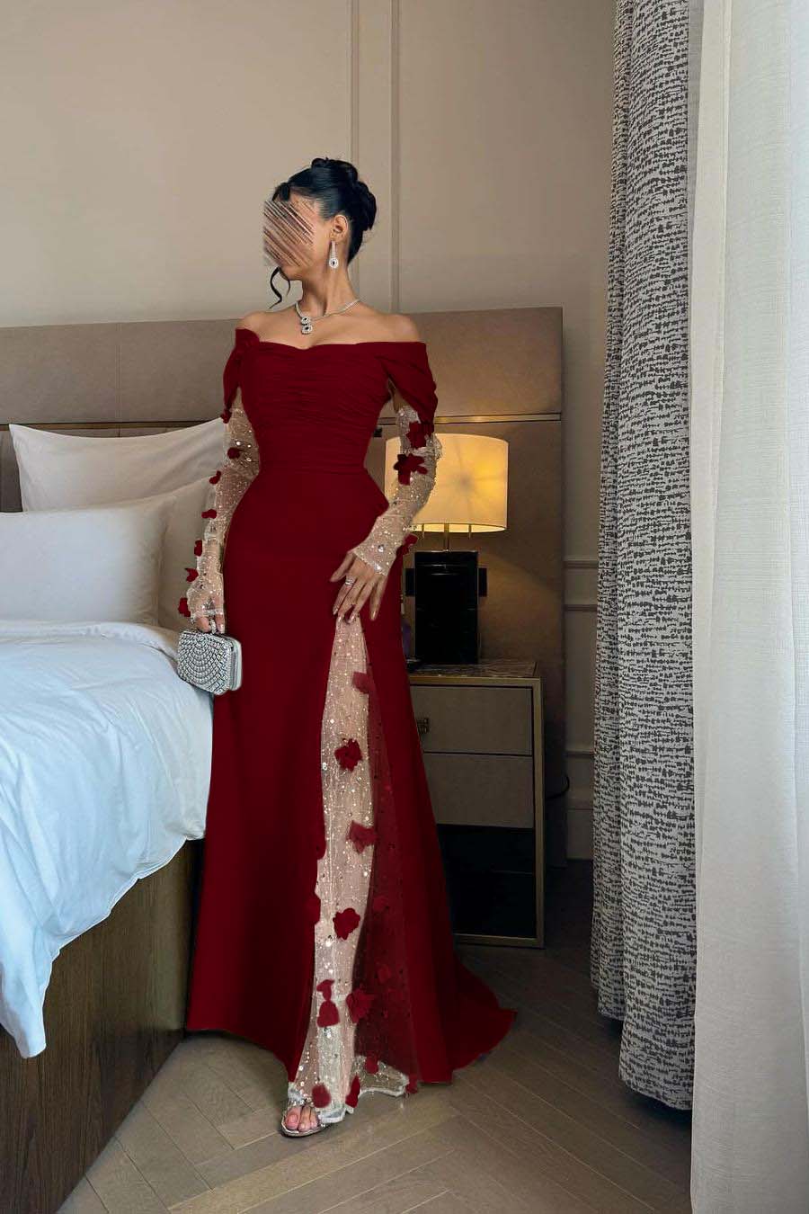 Off the Shoulder Long Sleeves Long Prom Dress With Split Appliques BMBRIDE