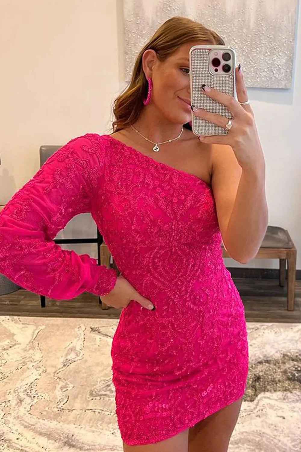 White Beaded Sequins One Shoulder Tight Homecoming Dress Bmbride