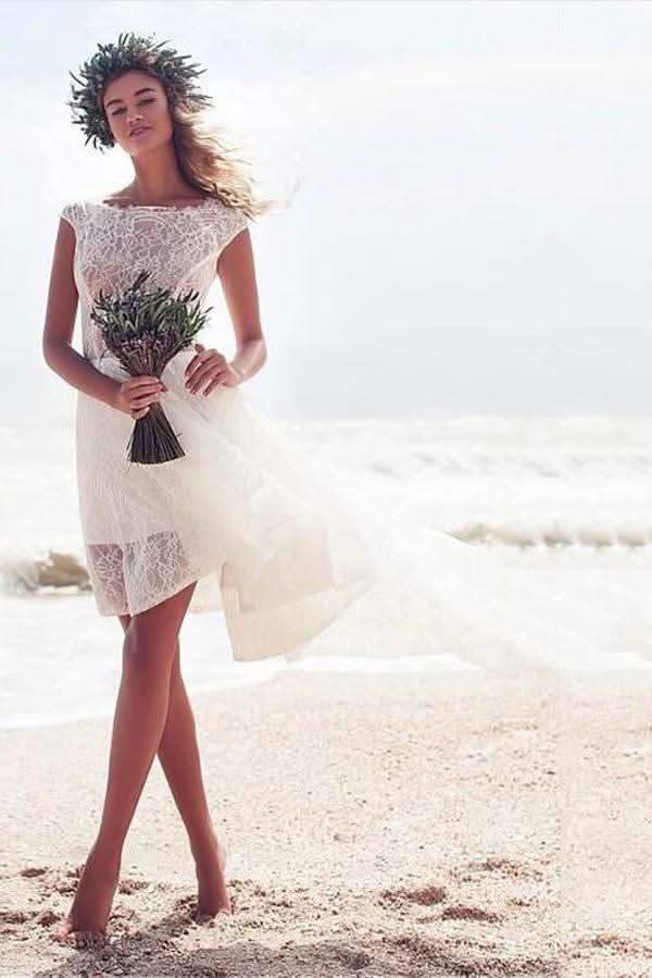 Boho Sleeveless Hi-Lo A-line Bateau Lace Beach Wedding Dress BM bride