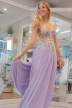 Lovely Lilac Sweetheart Chiffon Long Prom Dress with Appliques BM bride