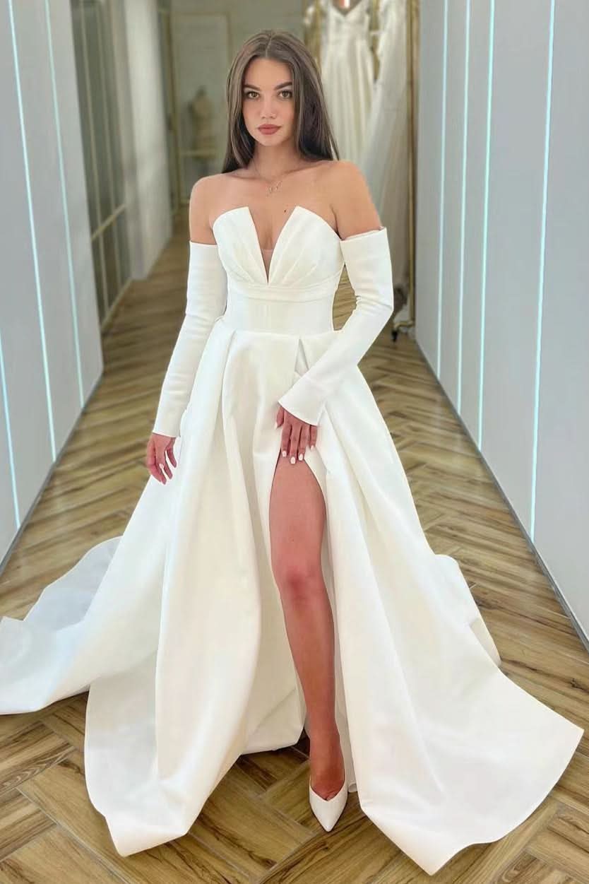 White Long Sleeve V-Neck A-Line Prom Dress with Split BM bride