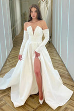 White Long Sleeve V-Neck A-Line Prom Dress with Split BM bride