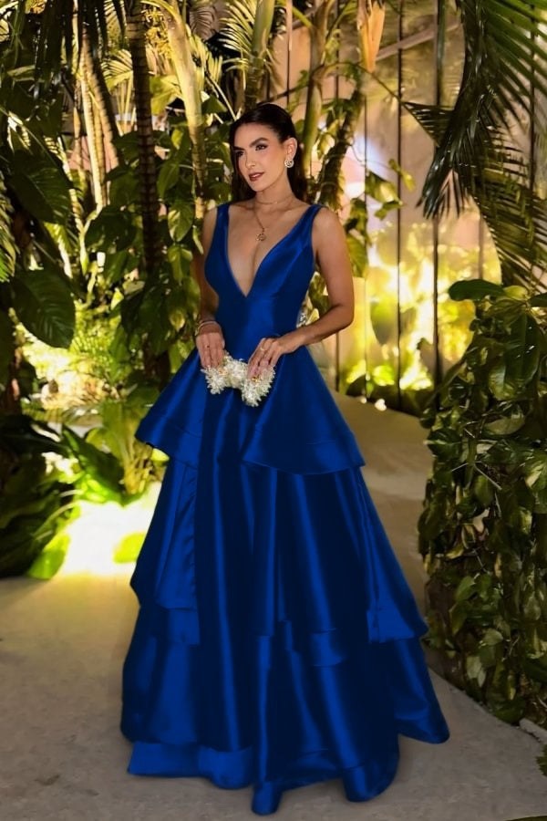 Straps Deep V Neck Sleeveless A Line Long Prom Dress With Pleated