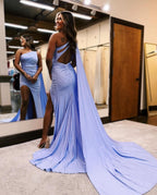 Lavender Beaded One Shoulder Flutter Sequins Prom Dress Long BM bride