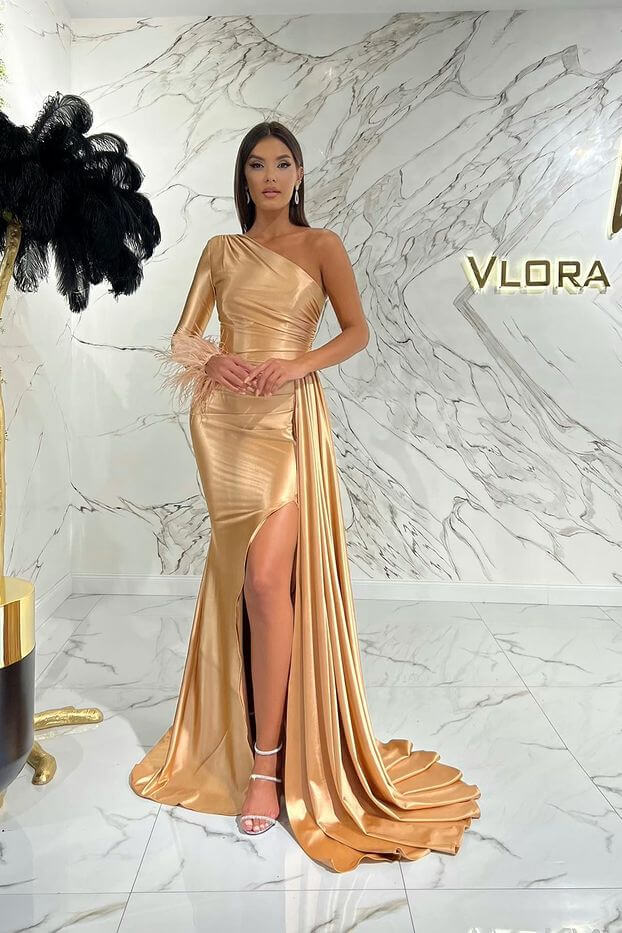 Elegant One Shoulder Long Sleeve Mermaid Prom Dress with Slit and Feathers BM bride