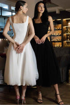 White Square Neck Straps Sleeveless Long Prom Dress With Tulle