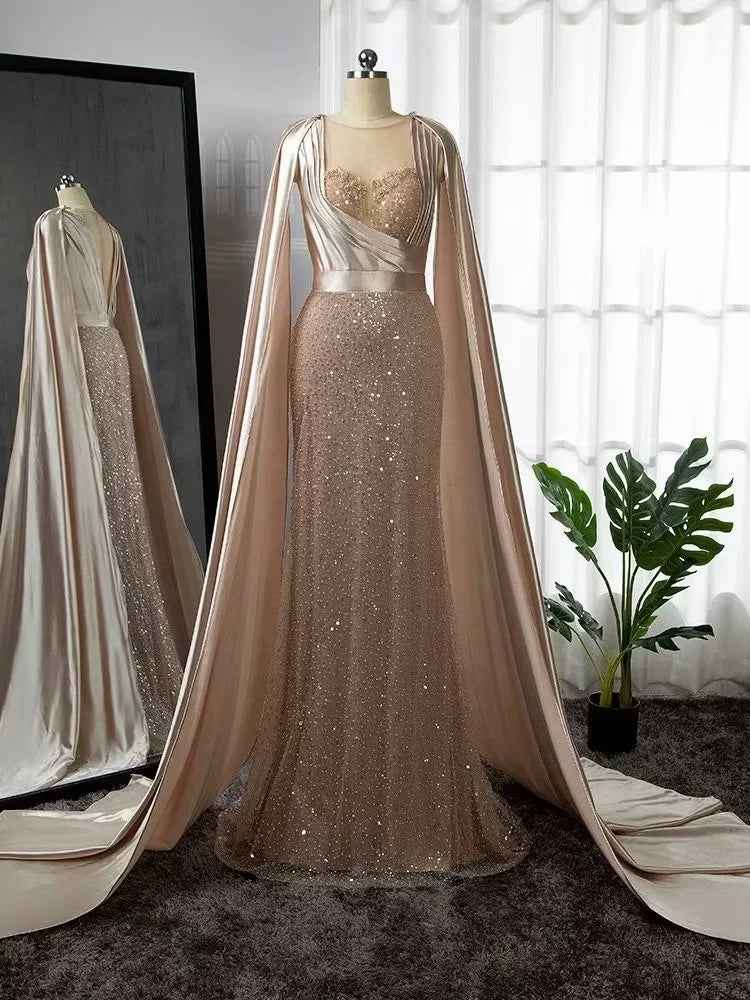 Retro Champagne Bead Embroidery Shawl Pleated Long Prom Dress