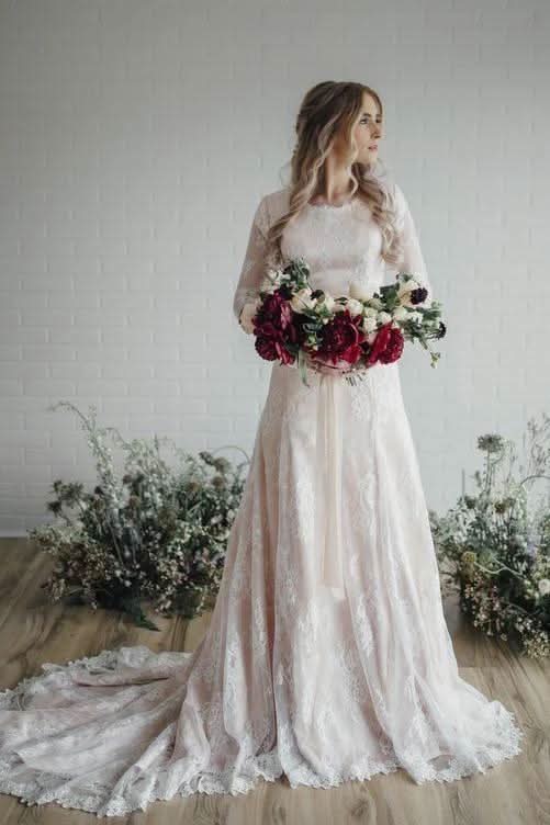 Vintage-Inspired Long Sleeve Lace A-Line Wedding Dress BM bride