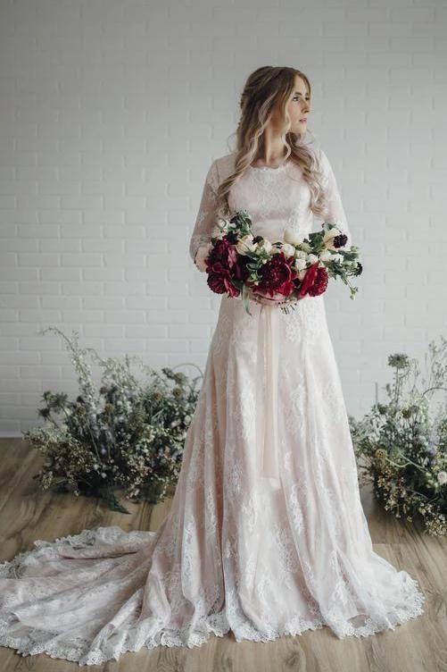 Vintage-Inspired Long Sleeve Lace A-Line Wedding Dress BM bride