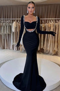 Black Beaded Prom Dress with Gloves Sweetheart Long Sleeve Mermaid BM bride
