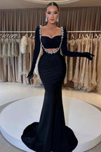 Black Beaded Prom Dress with Gloves Sweetheart Long Sleeve Mermaid BM bride