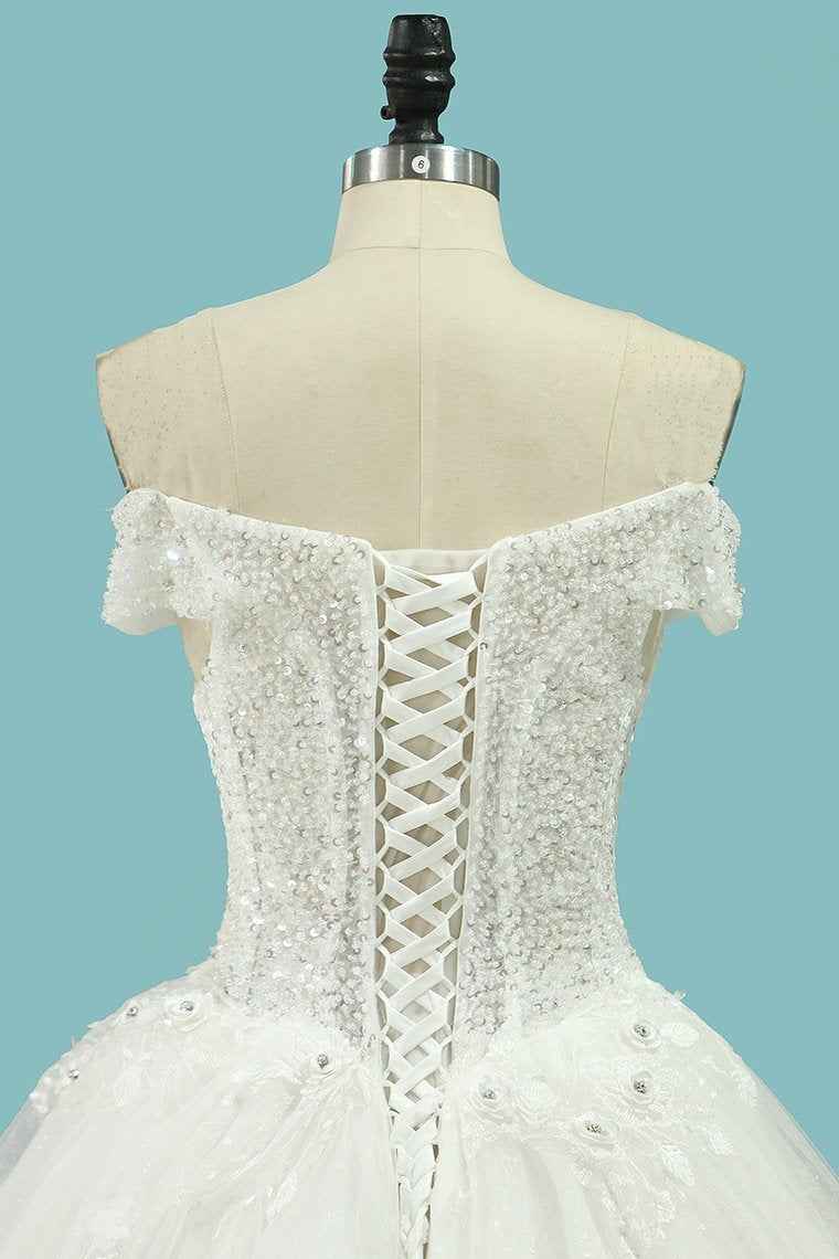 Off-the-Shoulder A-Line Wedding Dress with Lace Appliques and Sequins on Tulle BM bride