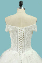 Off-the-Shoulder A-Line Wedding Dress with Lace Appliques and Sequins on Tulle BM bride