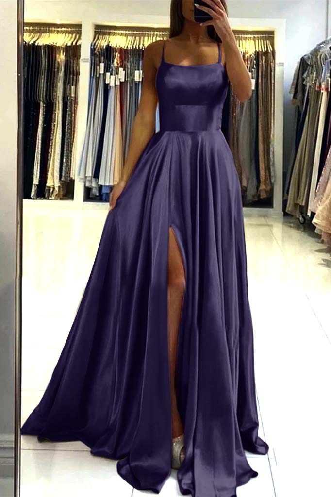 Pink Spaghetti Strap Sleeveless Backless Long Prom Dress With Front Split BMBRIDE