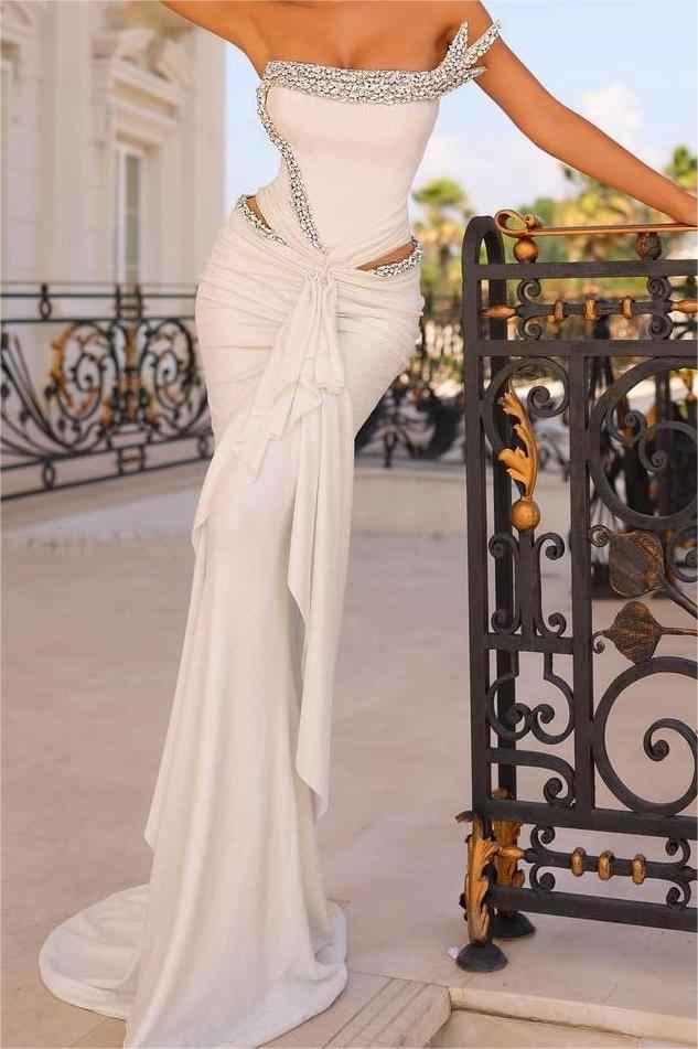 Stunning Ivory Strapless Sleeveless Pleated  Mermaid Prom Dress With Beadings