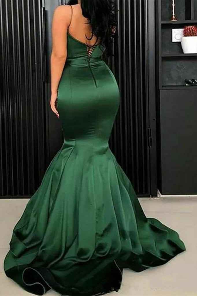 Spaghetti Strap Sleeveless Mermaid Prom Green Dress With Pleated