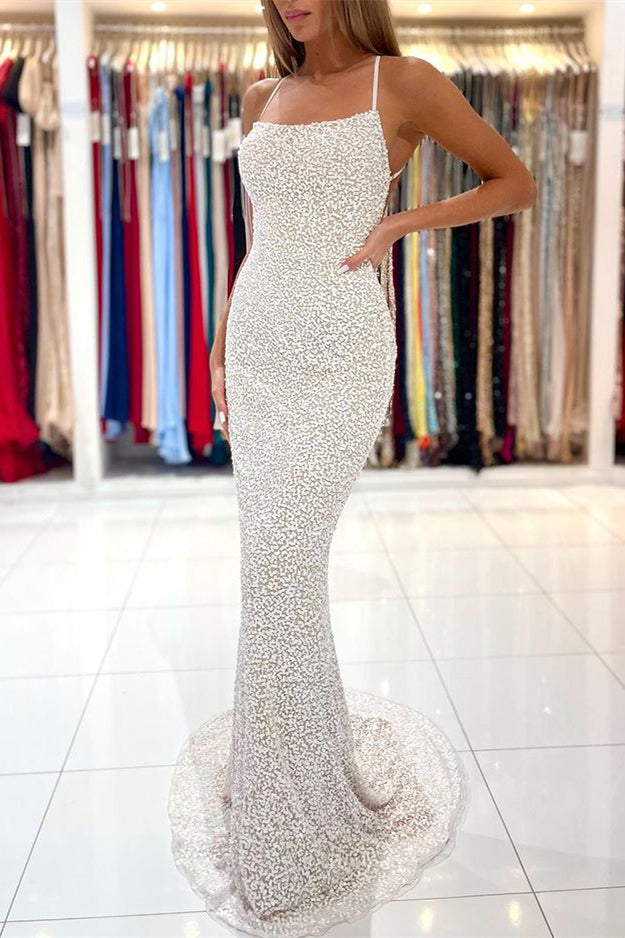 Strapless Spaghetti-Strap Sequined Mermaid Prom Dress with Open Back BM bride