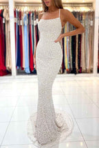Sequins Mermaid Strapless Spaghetti Strap Long Prom Dress With Open Back