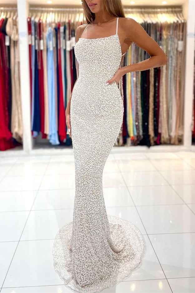 Sequins Mermaid Strapless Spaghetti Strap Long Prom Dress With Open Back