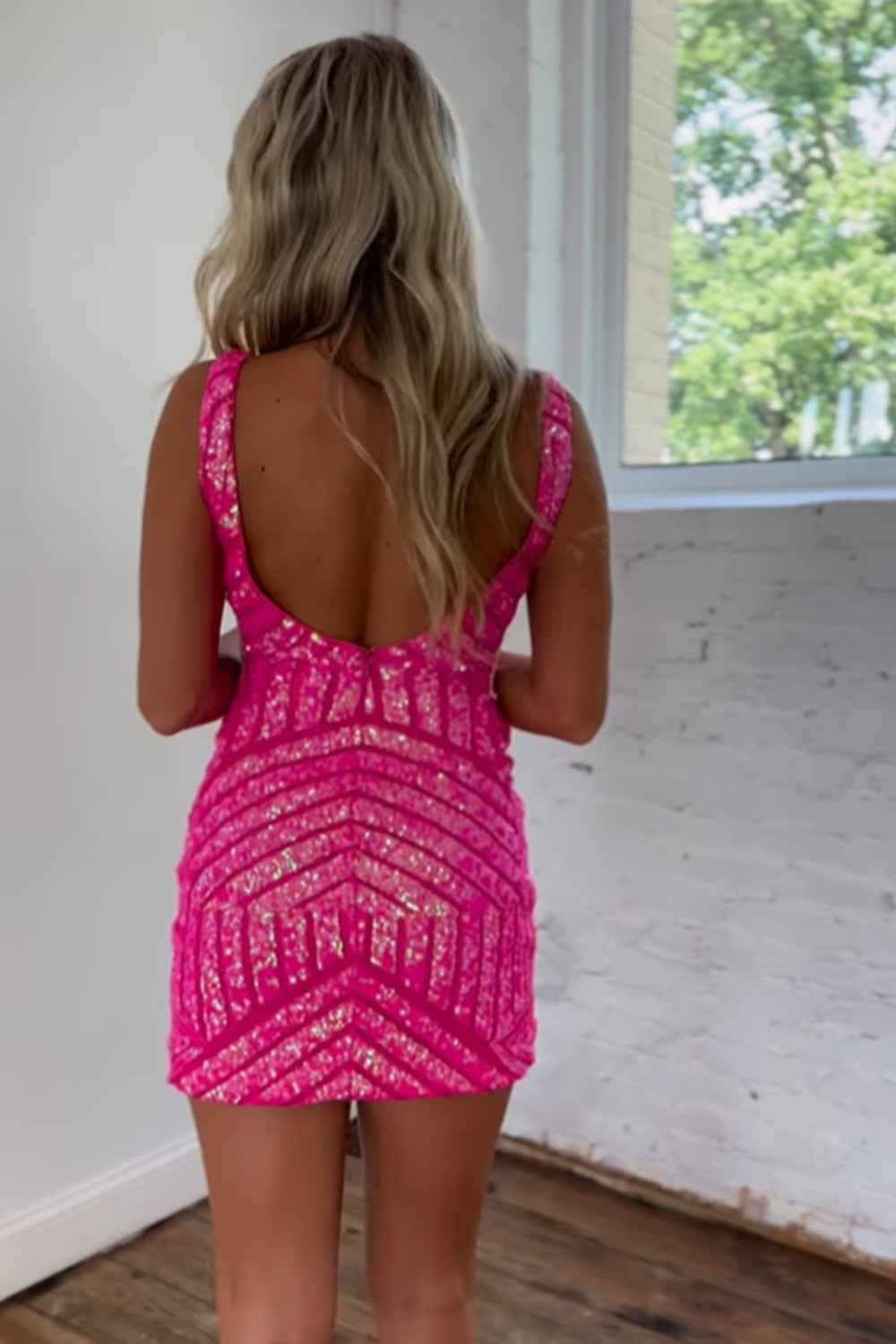 Sparkly Fuchsia Sequins V-Neck Tight Homecoming Dress Bmbride