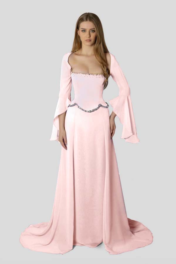 Chiffon Long Sleeves Long Mermaid Prom Dress With Beading Pleated BMBRIDE