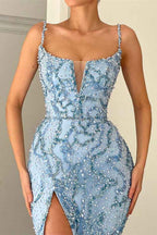 Shining Blue Spaghetti Strap Mermaid Prom Dress Split With Sequins