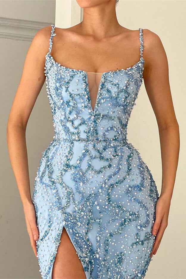 Shining Blue Spaghetti Strap Mermaid Prom Dress Split With Sequins