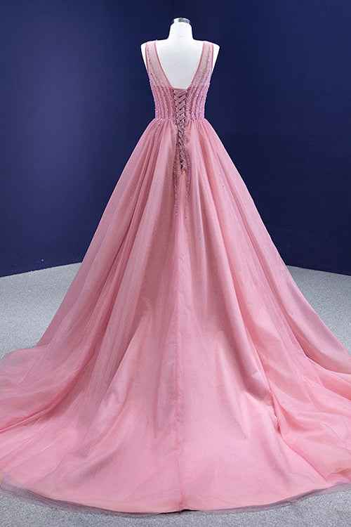 Gorgeous Pink A Line Prom Dress Tulle With Sleeveless Beading On Sale