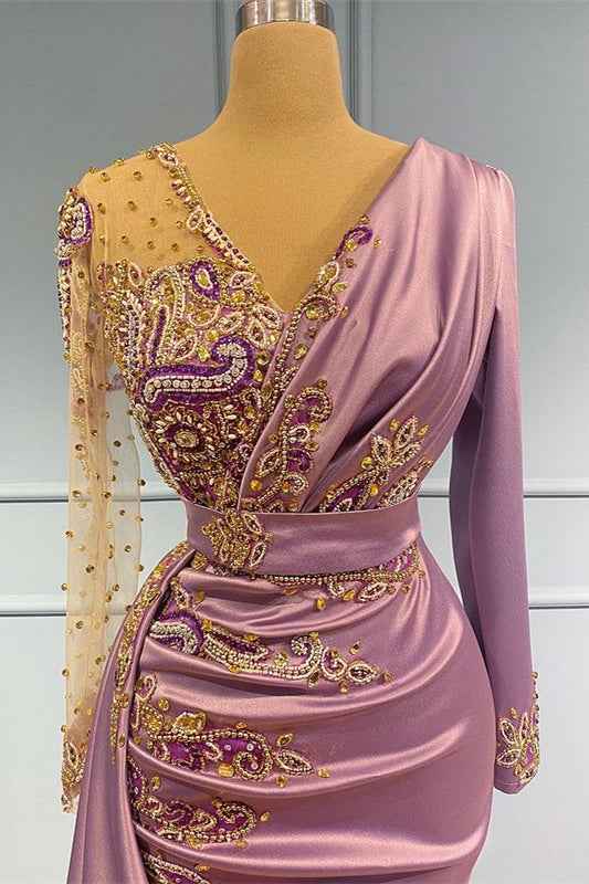 V Neck Long Sleeves Beadings Long Prom Dress V Neck Mermaid With Pleated