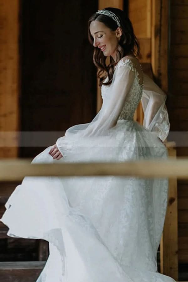 Stunning A-line Long Sleeves Lace Wedding Dress With Tulle BM bride