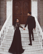 Black Long A-line Wedding Dress With Tulle Lace Sleeves BM bride
