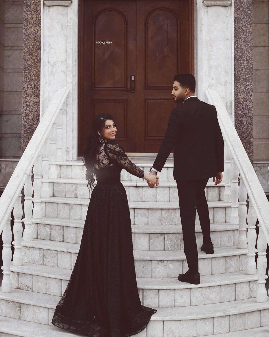 Black Long A-line Wedding Dress With Tulle Lace Sleeves BM bride