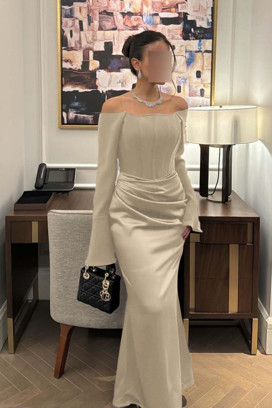 Strapless Long Sleeves Mermaid Long Prom Dress With Pleated BMBRIDE