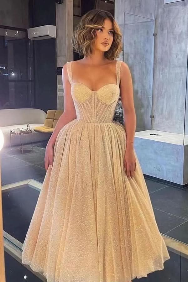 Elegant Spaghetti-Strap Sweetheart Sequin Prom Dress with Tulle BM bride