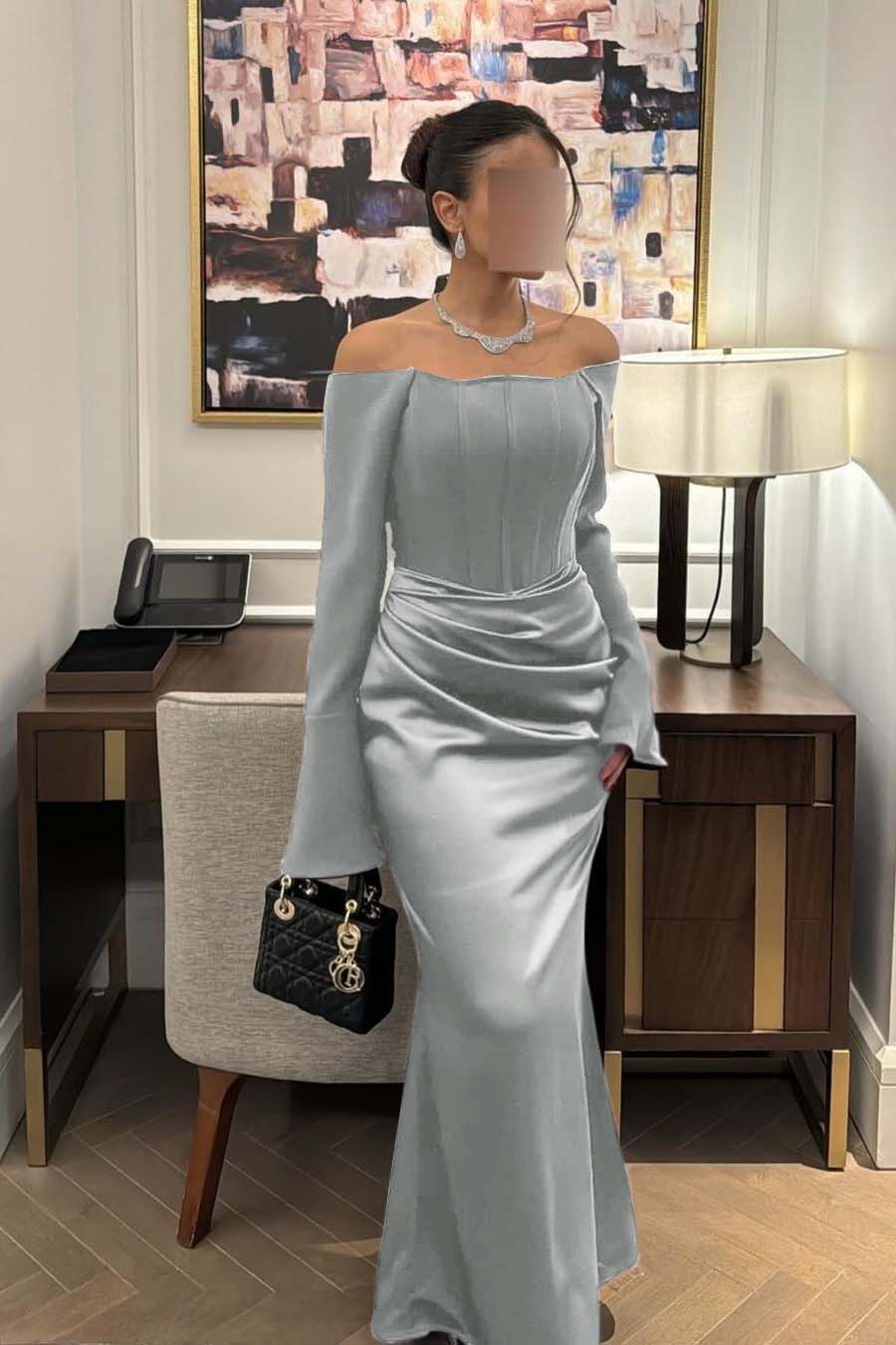 Strapless Long Sleeves Mermaid Long Prom Dress With Pleated BMBRIDE