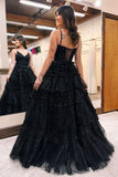 Long Black Tulle Sparkly V-Neck Sleeveless Prom Dress Gown BM bride