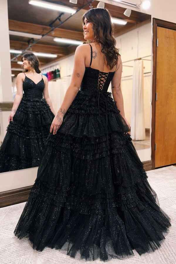 Sequins Long Black Tulle Prom Dress Sparkly V Neck Sleeveless Gown