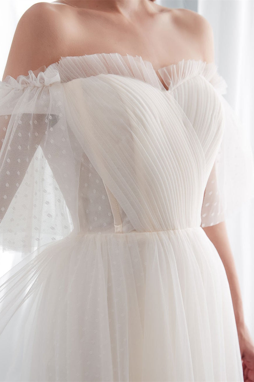 Off-the-Shoulder Tulle Beach Wedding Dress BM bride
