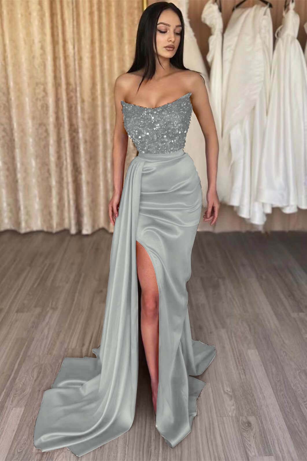 Red Strapless Elegant Sleeveless Long Sequins Prom Dress Mermaid Side Split BMBRIDE